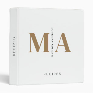 Elegant Monogram Black White Gold Name Recipe Binder