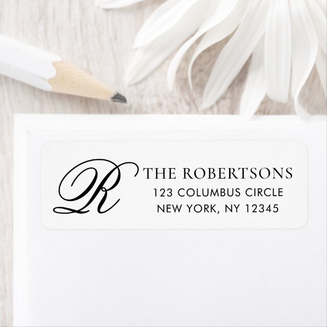 Elegant Monogram Black White Return Address Label (En situation)