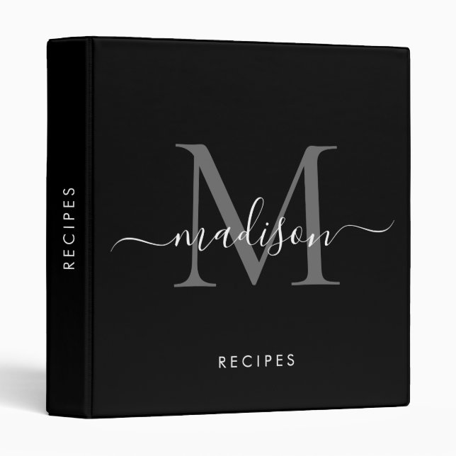 Elegant Monogram Black White Script Name Recipe Binder (Front/Spine)