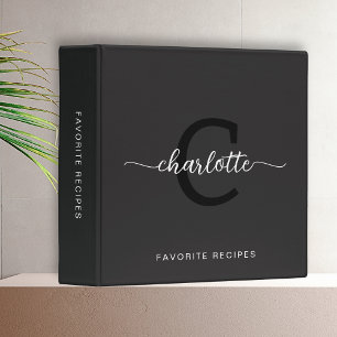 Elegant Monogram Black White Script Name Recipe Binder