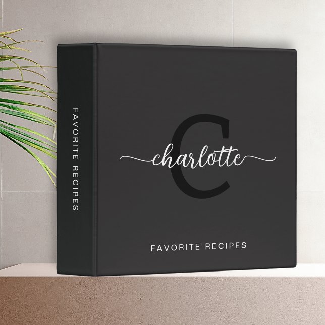Elegant Monogram Black White Script Name Recipe Binder (Creator Uploaded)