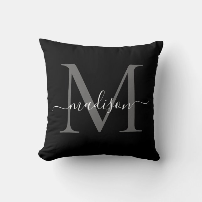 Elegant Monogram Black White Stylish Girly Script Throw Pillow (Front)