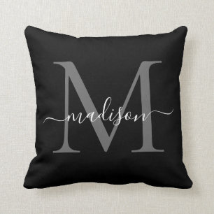 Elegant Monogram Black White Stylish Girly Script Throw Pillow