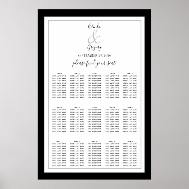 Elegant Monogram Black White Wedding Seating Chart (Front)