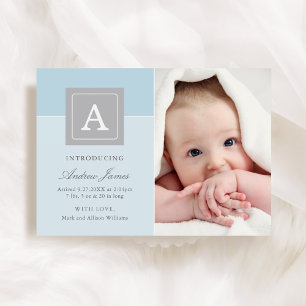 Elegant Monogram Block Baby Boy Pale Blue Birth Announcement