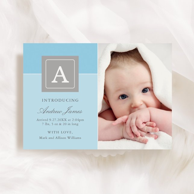 Elegant Monogram Block Baby Boy Sky Blue Birth Announcement (Creator Uploaded)