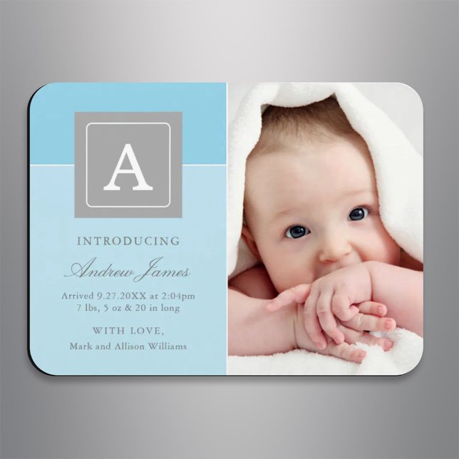 Elegant Monogram Block Baby Boy Sky Blue Birth Magnet (Creator Uploaded)