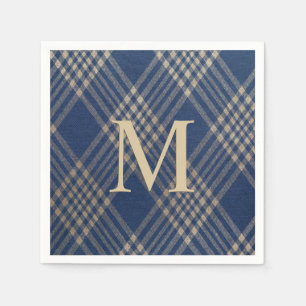 Elegant Monogram Blue and Tan Plaid Napkin
