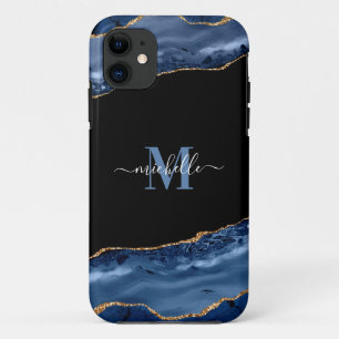 Elegant Monogram Blue, Black & Gold Agate Geode iPhone 11 Case