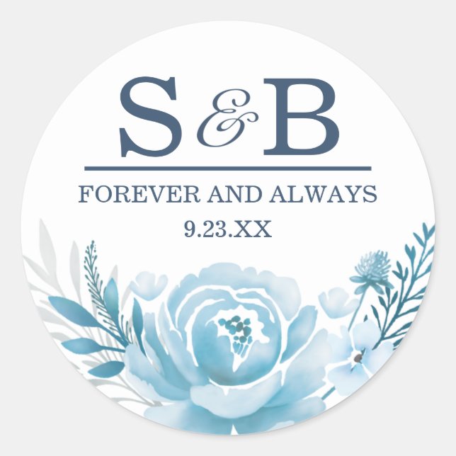Elegant Monogram Blue Floral Wedding Classic Round Sticker (Front)