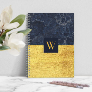 Elegant Monogram Blue Gold Marble Notebook