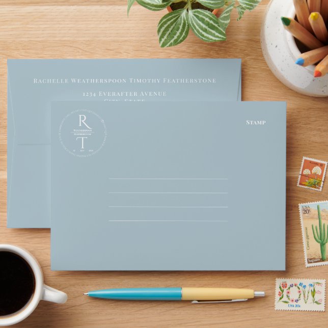 Elegant Monogram Blue Grey Wedding Envelope (Desk)