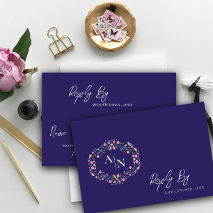 Elegant Monogram Blue Intricate Floral Wedding RSVP Card