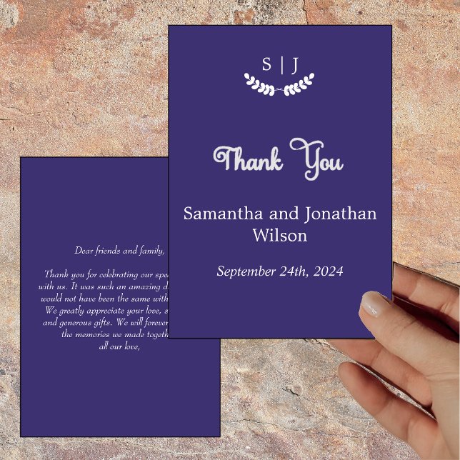 Elegant Monogram Blue Jewel Tone Thank You Card (Creator Uploaded)