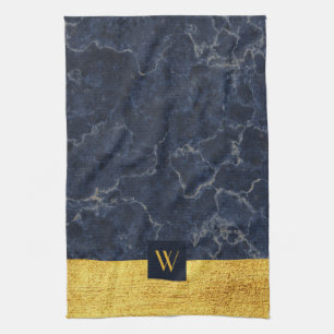 Elegant Monogram Blue Marble Kitchen Towel