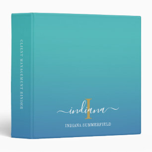 Elegant Monogram Blue Ombre Script Office Binder