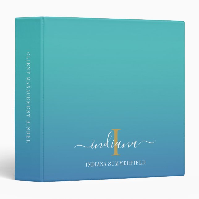 Elegant Monogram Blue Ombre Script Office Binder (Front/Spine)