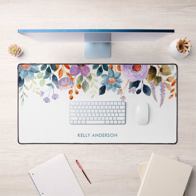 Élégant Monogram Blue Purple Aquarelle fleurie (Bureau 1)