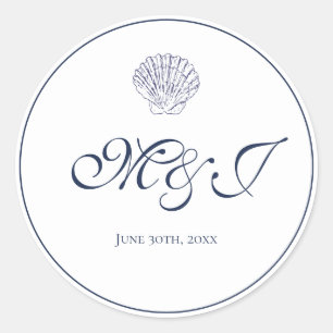 Elegant Monogram Blue Shell Wedding  Classic Round Sticker