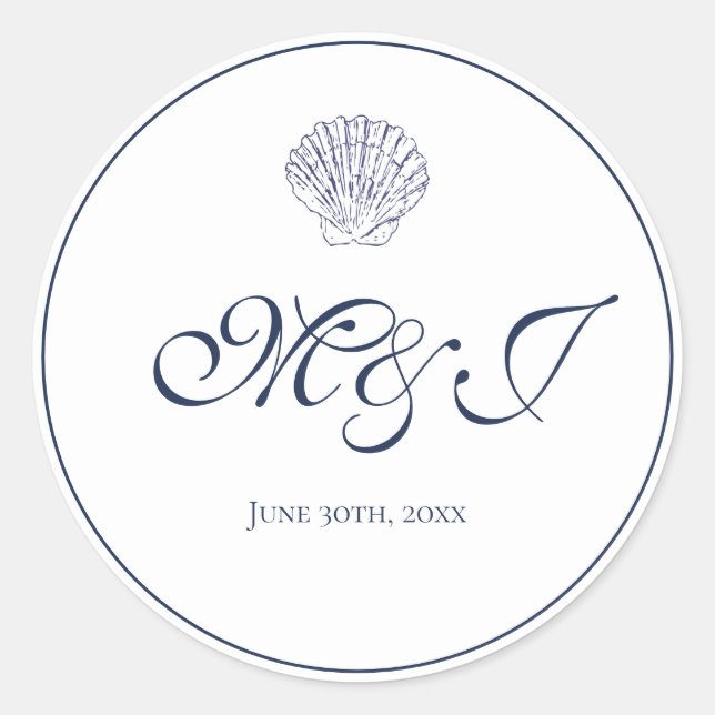 Elegant Monogram Blue Shell Wedding  Classic Round Sticker (Front)