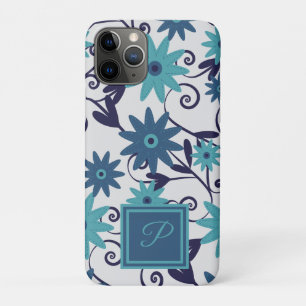 Elegant monogram blue turquoise flower pattern iPhone 11 pro case