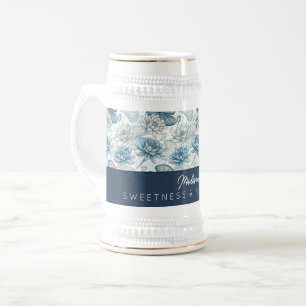 Elegant Monogram Blue Water Lily and Lotus Beer Stein
