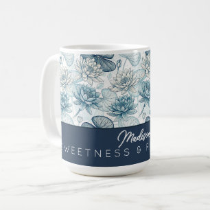Elegant Monogram Blue Water Lily and Lotus Coffee Mug