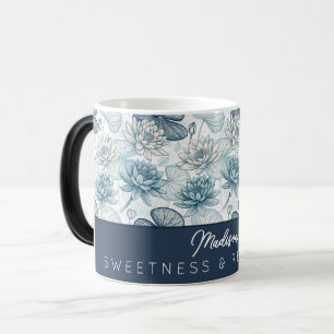 Elegant Monogram Blue Water Lily and Lotus Magic Mug