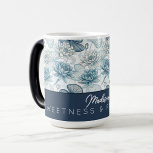 Elegant Monogram Blue Water Lily and Lotus Magic Mug