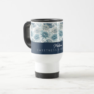 Elegant Monogram Blue Water Lily and Lotus Travel Mug