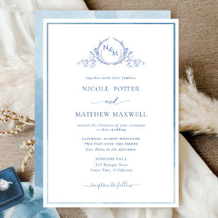 Elegant Monogram Blue Watercolor Wedding Invitatio Invitation