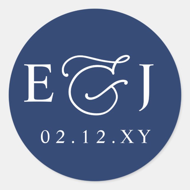 Elegant Monogram Blue Wedding Classic Round Sticker (Front)