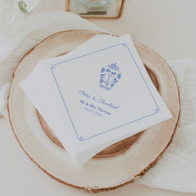 Elegant Monogram Blue White Chinoiserie Wedding  Napkin (Monogram watercolor ginger jar wedding napkins with blue and white greek key border)