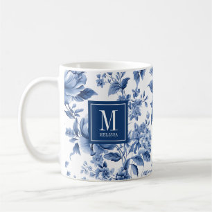 Elegant Monogram Blue White Floral Rose Coffee Mug