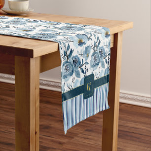 Elegant Monogram Blue White Floral Stripe  Short Table Runner