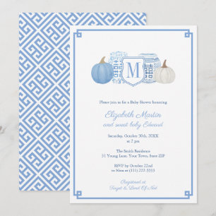 Elegant Monogram Blue & White Pumpkins Baby Shower Invitation