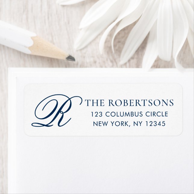 Elegant Monogram Blue White Return Address Label (Insitu)