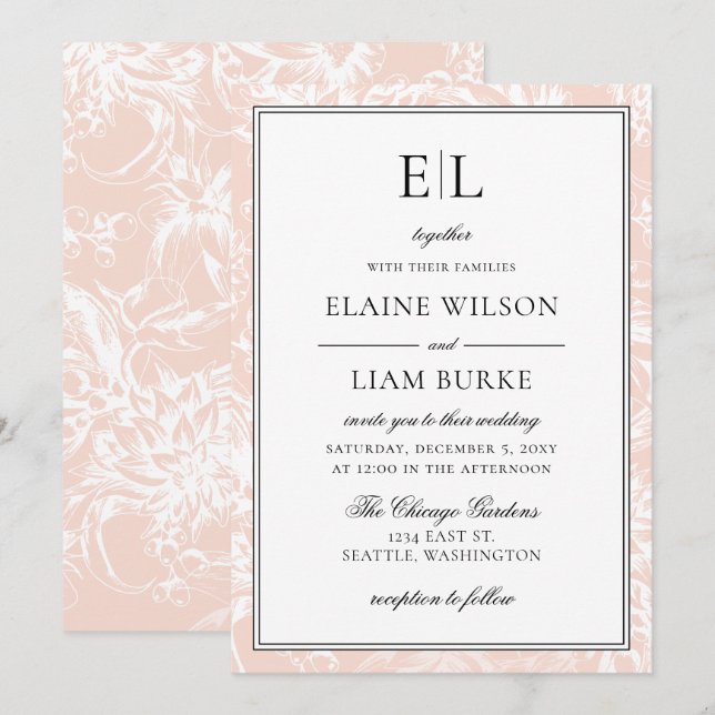 Elegant Monogram Blush Floral Wedding Invitation (Front/Back)