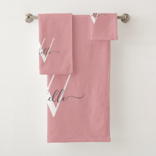 Elegant Monogram Blush Pink Name Script Bath Towel Set