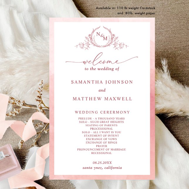 Élégant Monogram Blush Pink Wedding Programme (Créateur téléchargé)