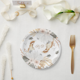 Elegant Monogram Boho Watercolor flowers & Birds Paper Plate