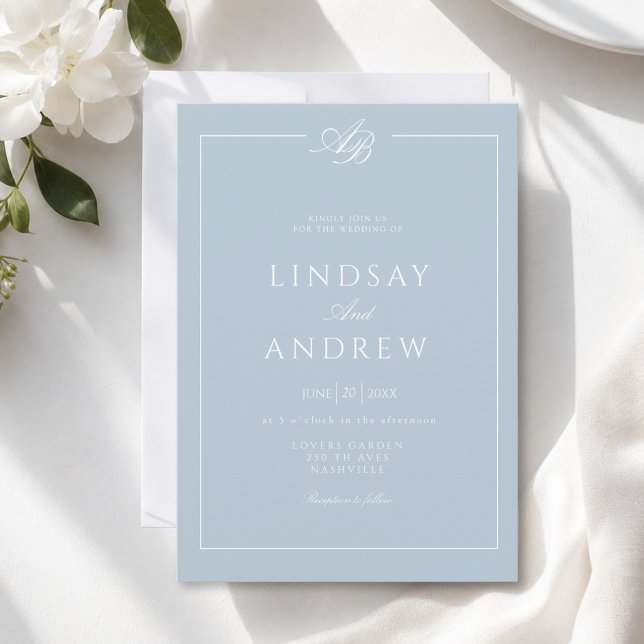 Elegant Monogram Border Blue White  Wedding Invitation (Elegant Monogram Border Blue White Wedding Invitation)