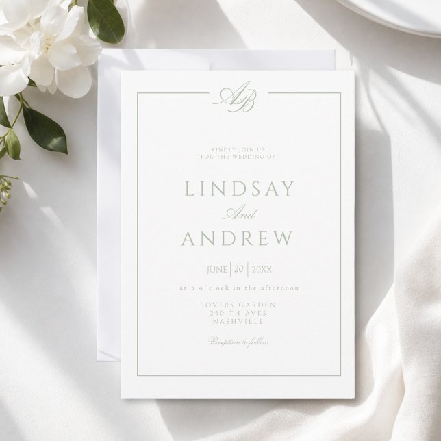 Elegant Monogram Border White Green Wedding Invitation (Elegant Monogram Border White Green Wedding Invitation)