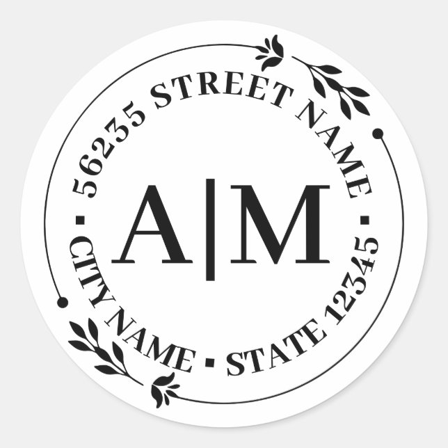 elegant monogram botanical return address wedding  classic round sticker (Front)