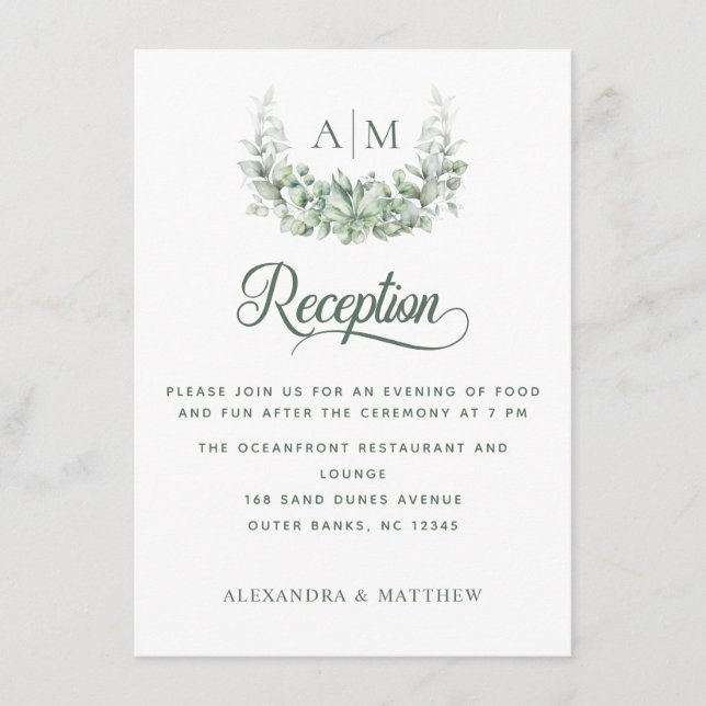 Elegant Monogram Botanical Wedding Reception Enclosure Card (Front)