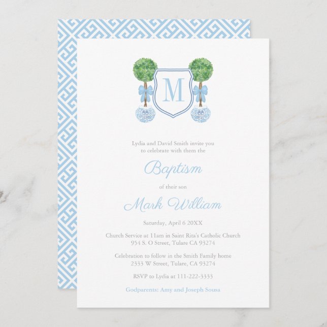 Elegant Monogram Boxwood Boy Baptism Celebration Invitation (Front/Back)