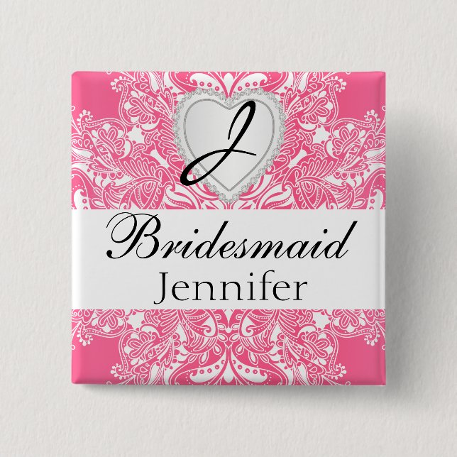 Elegant Monogram Bridal Party Pink Design 2 Inch Square Button (Front)
