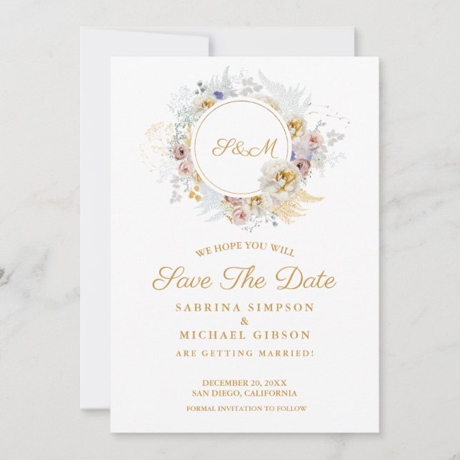 Elegant Monogram Bride Groom Name Wedding Save The Date (Front)