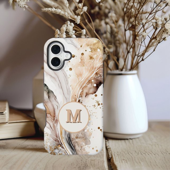 Elegant Monogram Brown Gold Marble Abstract Design iPhone 15 Case (Creator Uploaded)