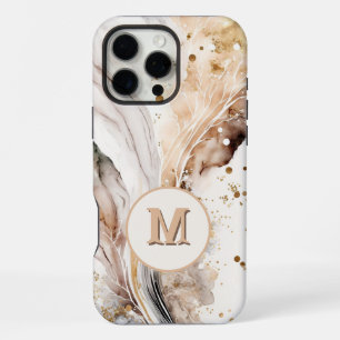Elegant Monogram Brown Gold Marble Abstract Design iPhone 16 Pro Max Case